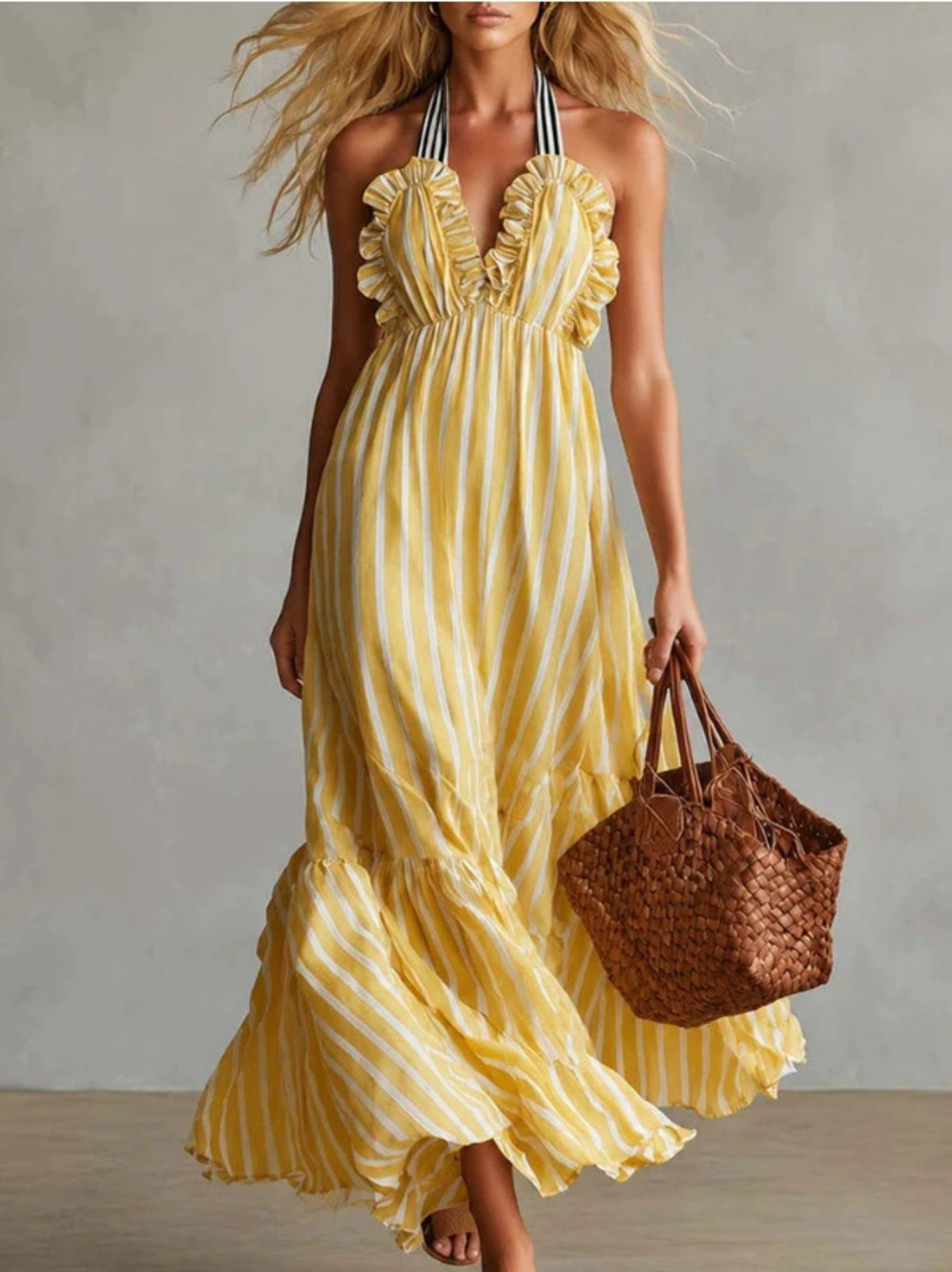 H&M  Retro Vacation Light Yellow Striped Chiffon Backless Maxi Dress